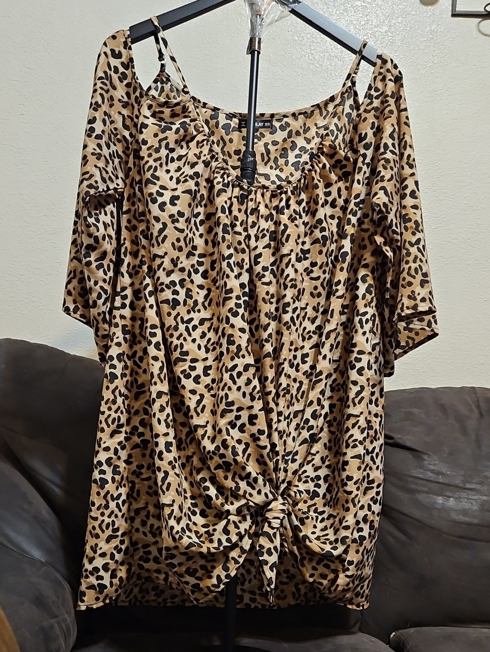 Leopard-Print Knot-Front Cold Shoulder Tunic Top - Tan/Black